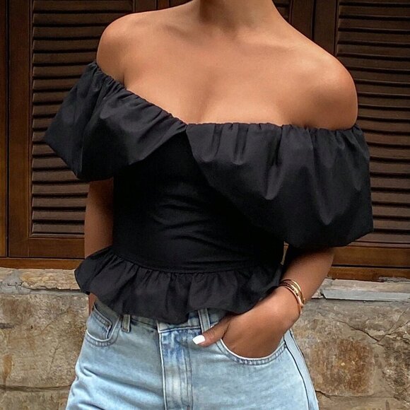 Black Casual Women's Bandeau Off Shoulder Elegant Short Shirt Top - Picture 2 of 7